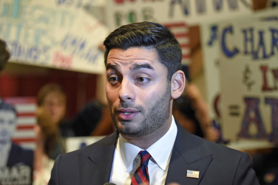 FILE - This Tuesday Nov. 6, 2018 file photo shows Democratic congressional candidate Ammar Campa-Najjar in San Diego. A fierce fight between Republican candidates has punctuated the race for the vacated seat of disgraced California GOP Rep. Duncan Hunter, who dropped out and resigned from Congress in January after pleading guilty to a corruption charge. The 50th district GOP front-runners are San Diego radio host and political commentator Carl DeMaio and former U.S. Rep. Darrell Issa, who retired from a neighboring district in 2018. Under California election rules, the top two vote-getters in Tuesday's primary advance to the general election, regardless of party affiliation. It's likely one is eliminated and the other faces off against Campa-Najjar, the only Democrat in the field. (AP Photo/Denis Poroy, File)