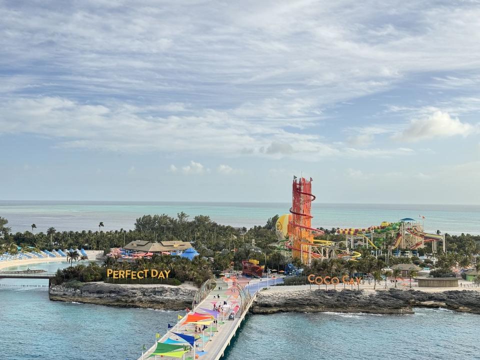 a view of royal caribbean's island, perfect day at coco cay