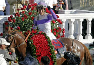 Jockey Mario Gutierrez reacts after riding I'll Have Another to victory in the 138th Kentucky Derby horse race at Churchill Downs Saturday, May 5, 2012, in Louisville, Ky. (AP Photo/Michael Conroy)