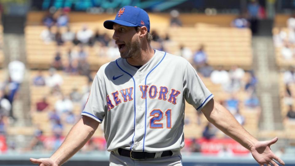 Apr 19, 2023; Los Angeles, California, USA; New York Mets starting pitcher Max Scherzer (21) reacts after being ejected during the game against the Los Angeles Dodgers at Dodger Stadium.