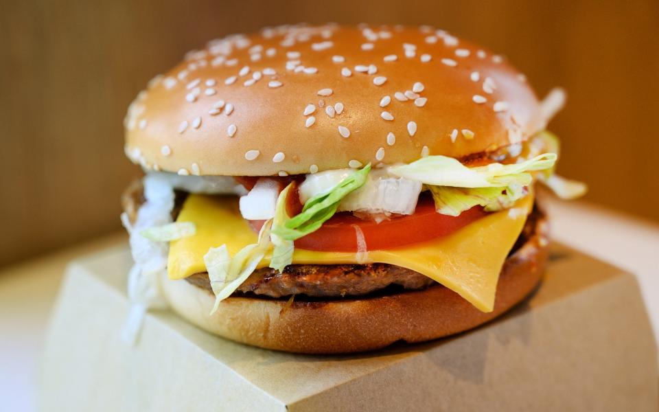 A McDonald's 'PLT' burger with a Beyond Meat plant-based patty