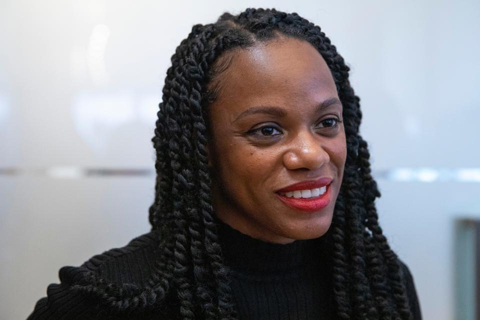 Rep. Summer Lee, D-Pa., here speaking to reporters at AFL-CIO headquarters in Washington, Nov. 13, 2022, became the first Black woman elected to Congress from Pennsylvania.