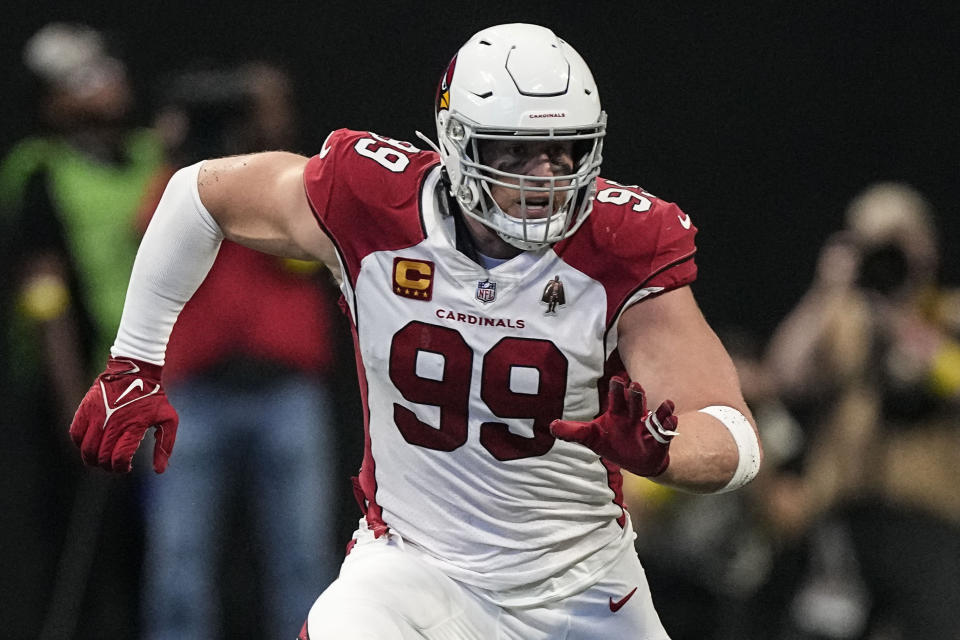 Arizona Cardinals defensive end J.J. Watt (99) runs into the Atlanta Falcons backfield during the first half of an NFL football game, Sunday, Jan. 1, 2023, in Atlanta. (AP Photo/John Bazemore)