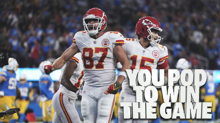 Nov 20, 2022; Inglewood, California, USA; Kansas City Chiefs tight end Travis Kelce (87) celebrates with quarterback Patrick Mahomes (15) after scoring on a 17-yard touchdown reception with 31 seconds left against the Los Angeles Chargers SoFi Stadium. Mandatory Credit: Kirby Lee-USA TODAY Sports