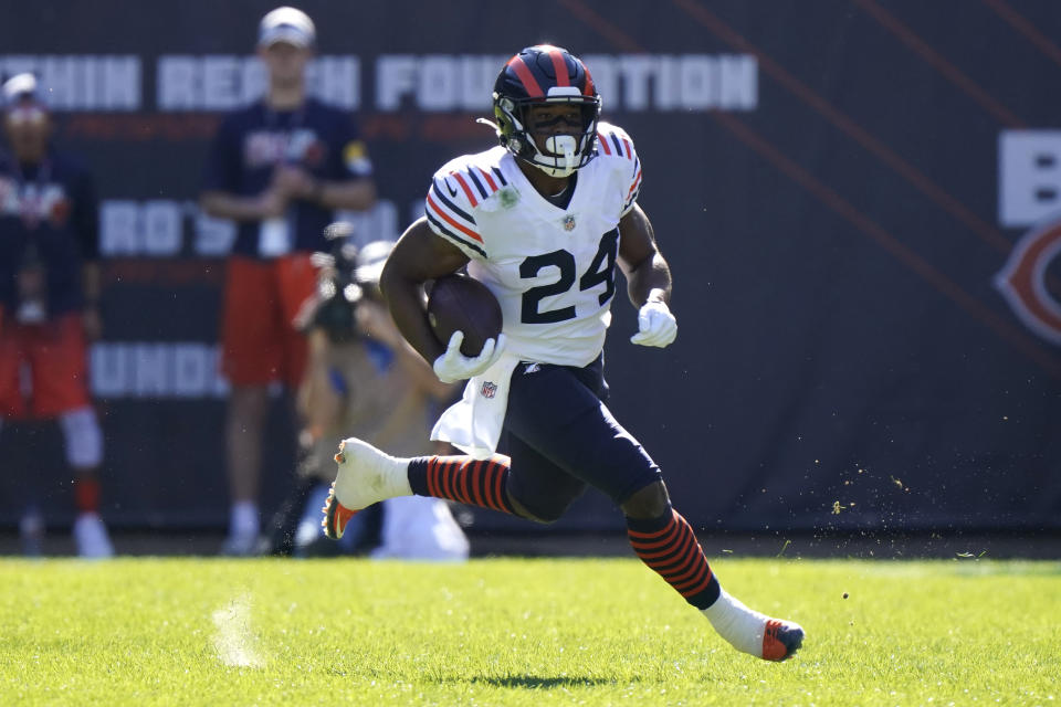 Chicago Bears running back Khalil Herbert carries the ball during the first half of an NFL football game against the Green Bay Packers Sunday, Oct. 17, 2021, in Chicago. (AP Photo/Nam Y. Huh)