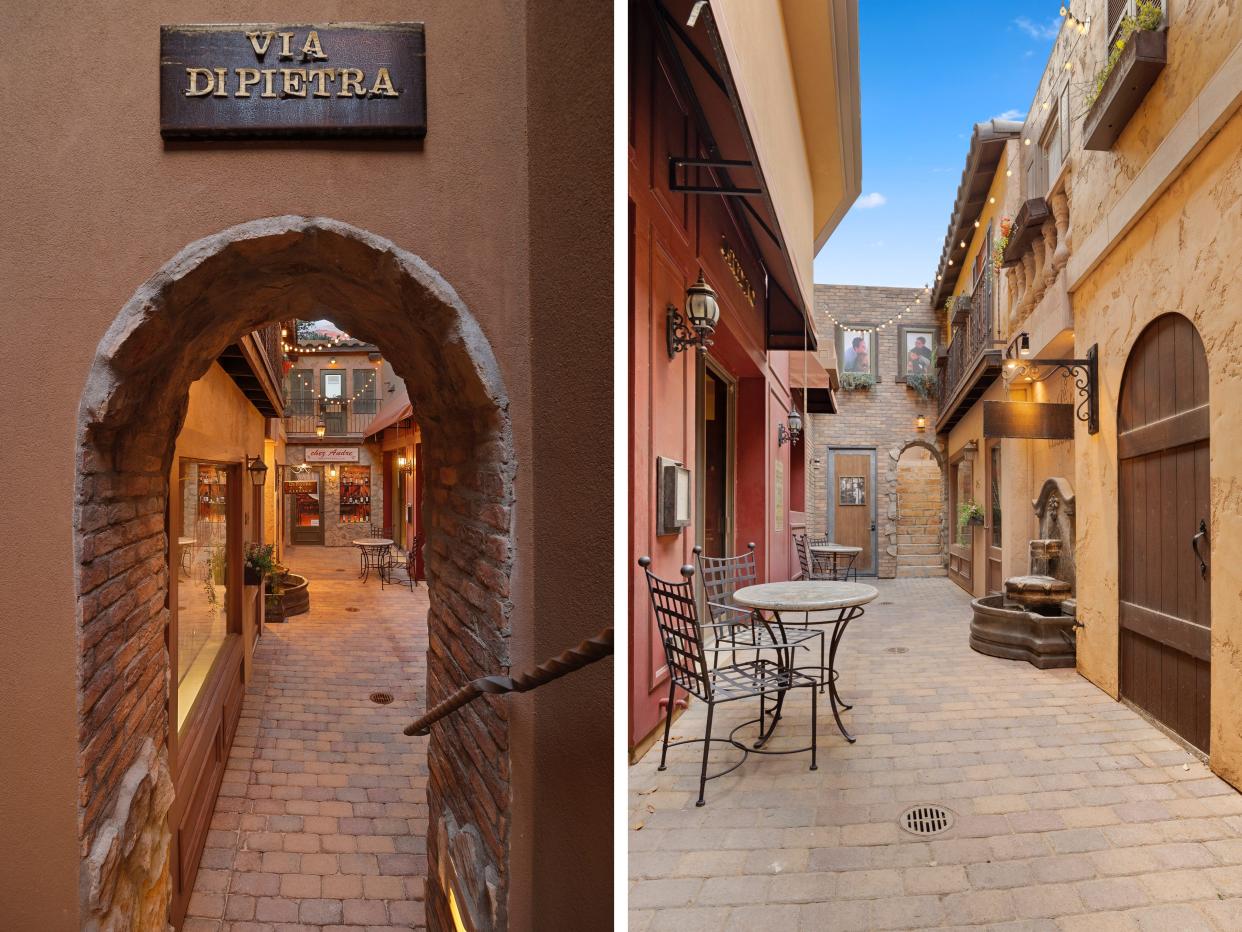 A collage of two photos of the Italian street in the backyard.
