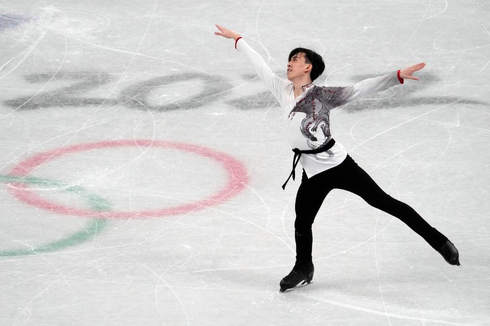 Vincent Zhou skates in the men's single free skate during the Beijing Olympics.