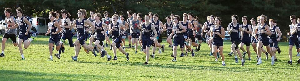 The Pembroke boys team has 40 runners as they start the race.
Quincy/North Quincy cross country hosted Pembroke in a meet at Pageant Field on Wednesday October 12, 2022.