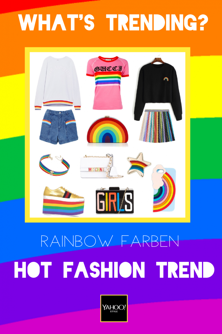 Rainbow Fashion-Trend (Bild Collage via Polyvore: Weißes Rainbow Sweatshirt von The Upside rund 140 EUR, Pinkes Loved Rainbow T-Shirt von Gucci rund 600 EUR, Schwarzes Crop Rainbow Sweatshirt über WithChic.com rund 23 EUR, Rainbow Clutch von Milly rund 275 EUR, Rainbow Häkel-Rock von Missoni rund 345 EUR, Rainbow Choker-Halsband von INC International Concepts rund 22 EUR, Rainbow Tasche von Moschino rund 659 EUR, Peggy Rainbow Platform Sneaker von Gucci rund 700 EUR, Schwarze Girls Hardbox Tasche von V by Very Girls rund 32 EUR, Regenbogen iPhone Hülle von Miss Selfridge rund 49 EUR)