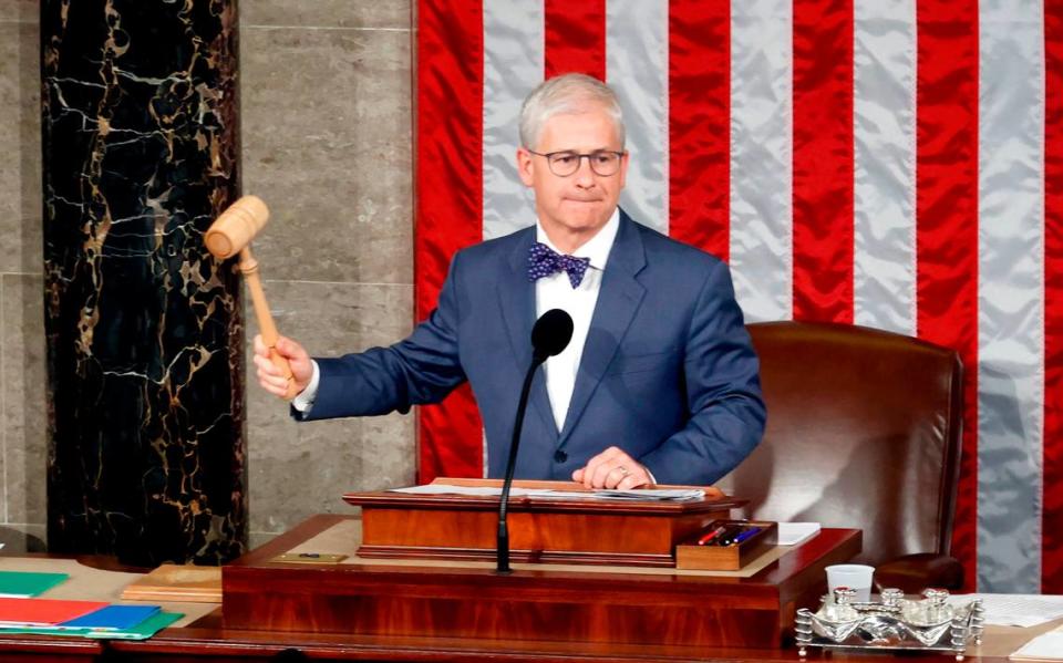 Speaker Pro Tempore Rep. Patrick McHenry, R-N.C., gavels in the House as lawmakers seek to elect a new speaker in Washington on Oct. 25, 2023.