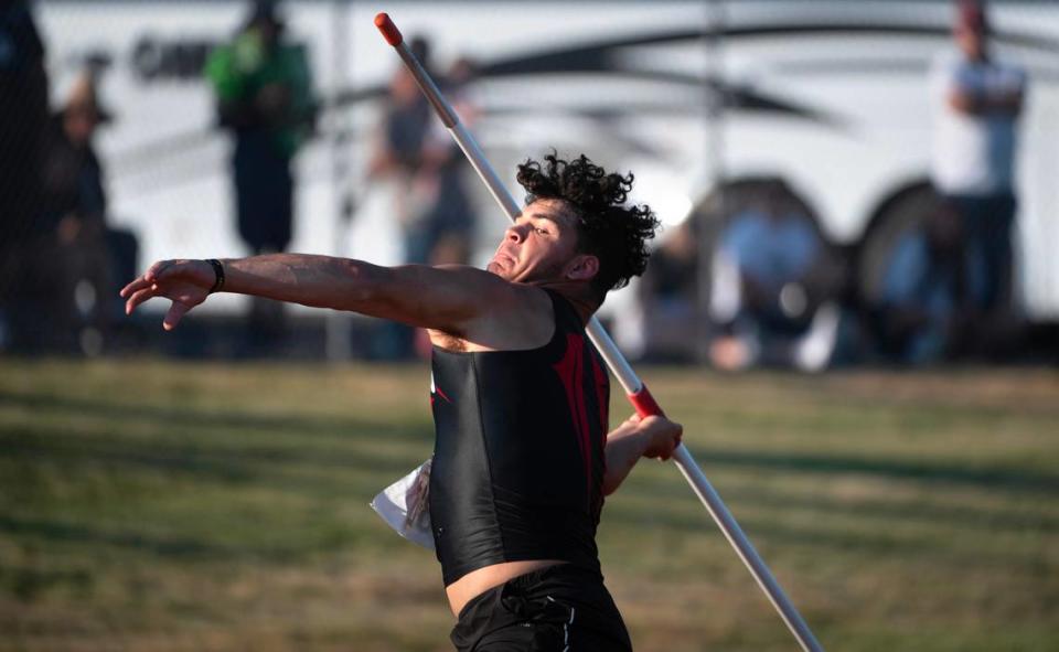 Yelm’s Brayden Platt competes in the 3A boys javelin competition during the opening day of the WIAA state track and field championships at Mount Tahoma High School in Tacoma, Washington, on Thursday, May 25, 2023.
