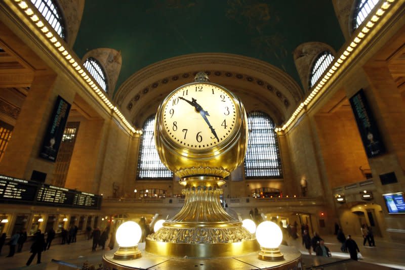 The Grand Central Terminal Clock sits above the information booth at the center of the main concourse one day before the Grand Central Terminal Centennial Celebration in New York City on January 31, 2013. On March 19, 1918, the U.S. Congress passed the Standard Time Act, which authorized the Interstate Commerce Commission to establish standard time zones. File Photo by John Angelillo/UPI