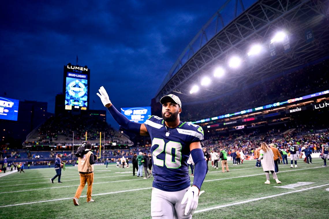 Seattle Seahawks safety Julian Love (20) walks off the field after the Seahawks 29-26 victory against the Washington Commanders at Lumen Field, on Sunday, Nov. 12, 2023, in Seattle, Wash.