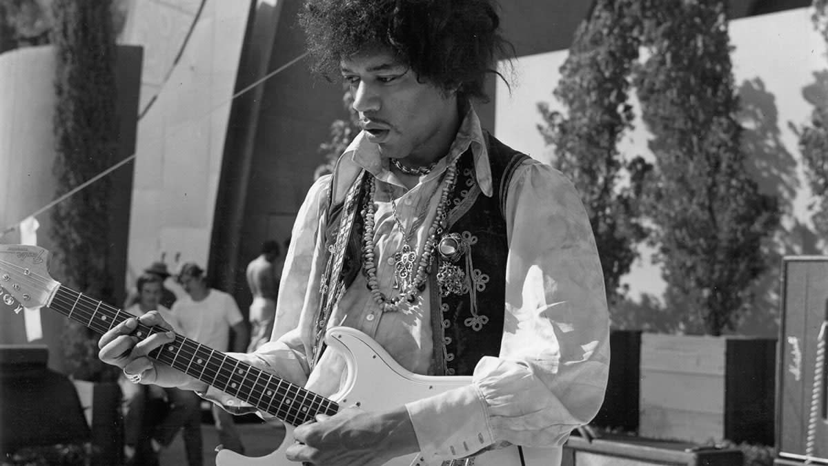  Jimi Hendrix soundchecks onstage at the Hollwood Bowl, LA, in 1967. 