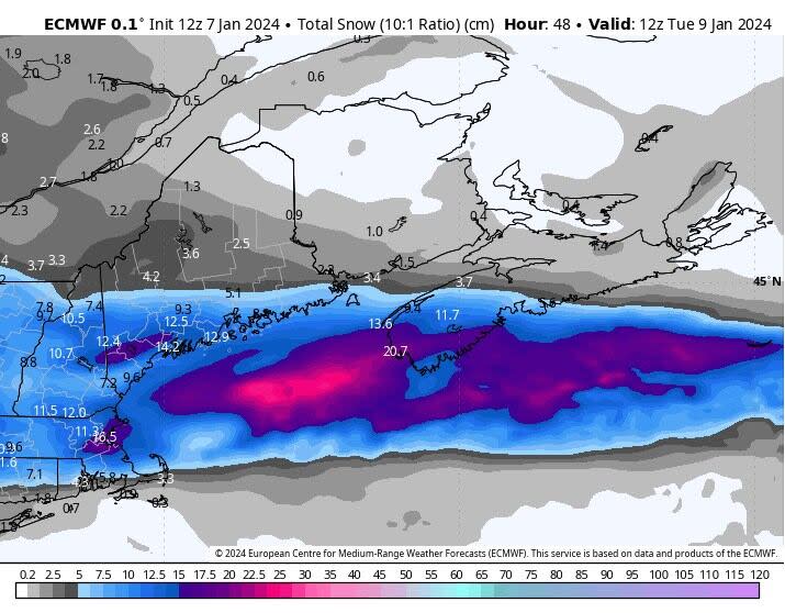 The Yarmouth and Shelburne and South Shore areas have a greater the chance for accumulation, with 15 to 25 cm.