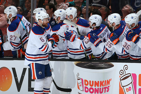 ANAHEIM, CA - APRIL 26: Adam Larsson #6 of the Edmonton Oilers celebrates a goal in the third period with his teammates in Game One of the Western Conference Second Round against the Anaheim Ducks during the 2017 NHL Stanley Cup Playoffs at Honda Center on April 26, 2017 in Anaheim, California. (Photo by Debora Robinson/NHLI via Getty Images) *** Local Caption ***