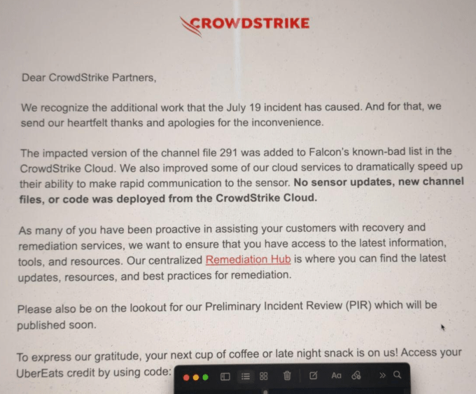 A screenshot of the email sent to partners by CrowdStrike after the July 19 incident.