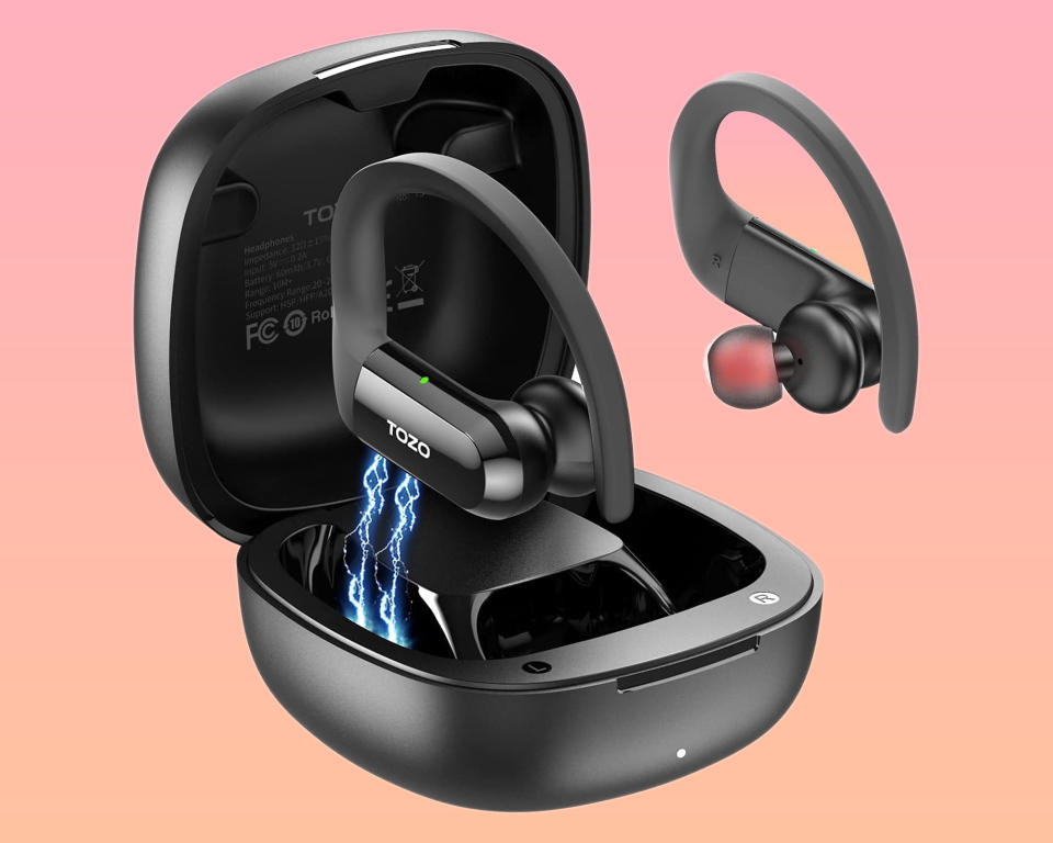 Over-ear wireless buds in charging case