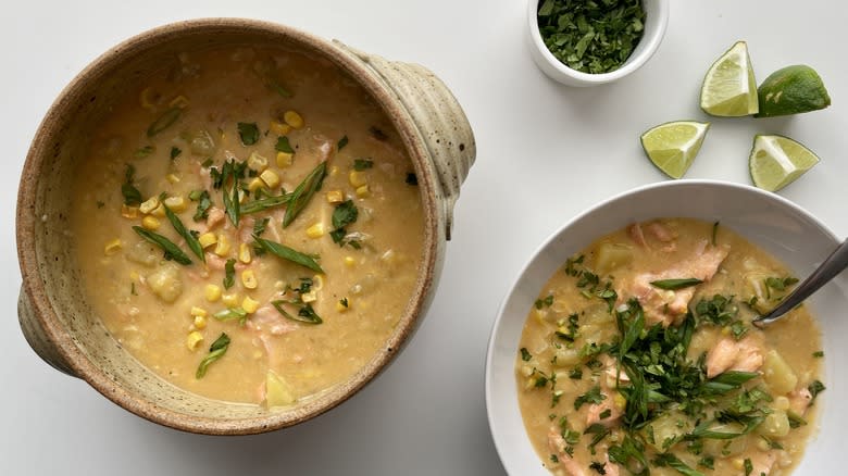 garnished salmon corn chowder bowls 