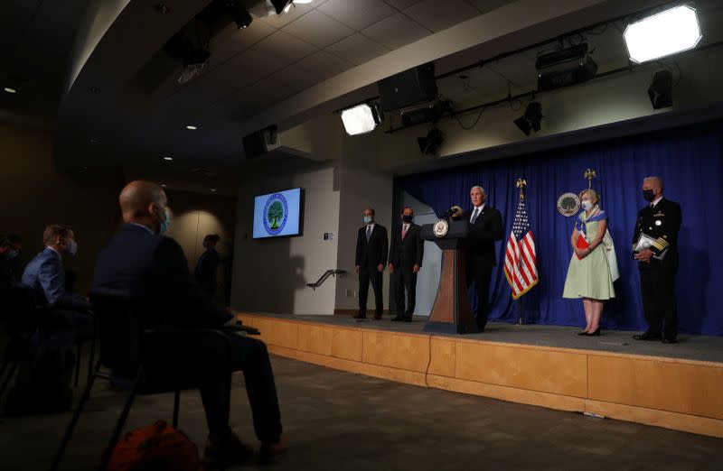 U.S. Vice President Mike Pence leads a White House coronavirus task force briefing at the Education Department in Washington