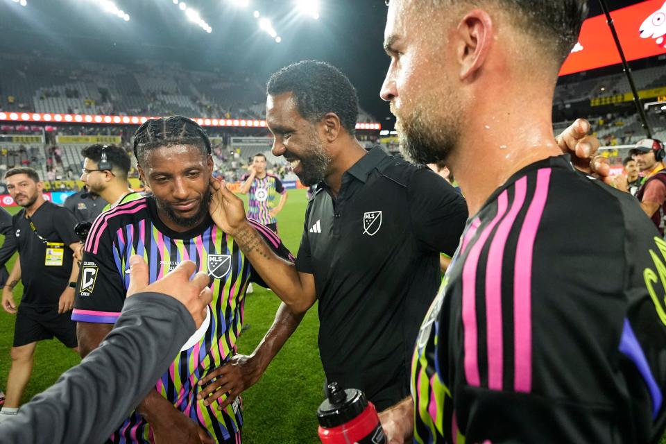 Jul 24, 2024; Columbus, OH, USA; MLS head coach Wilfried Nancy of the Columbus Crew hugs defender Steven Moreira of the Columbus Crew (31) and defender Rudy Camacho of the Columbus Crew (4) following the MLS All-Star Game at Lower.com Field.