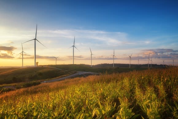 Wind turbines in a field at sunset.