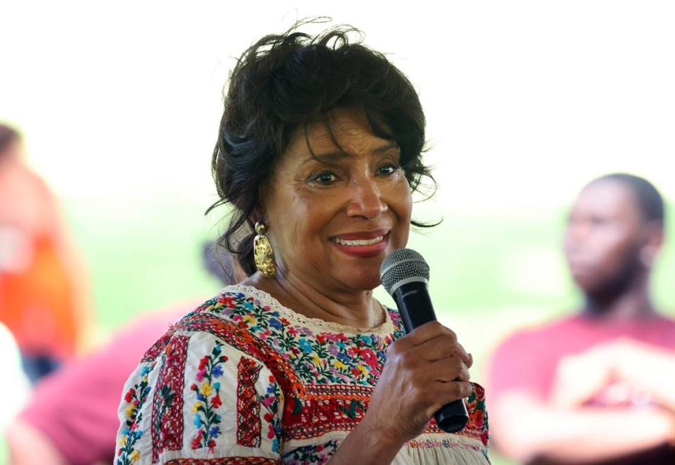Actress Phylicia Rashad recites a poem written by her mother Vivian Ayers Allen Saturday, July 29, 2023 at Allen’s 100th birthday celebration in Chester, S.C.