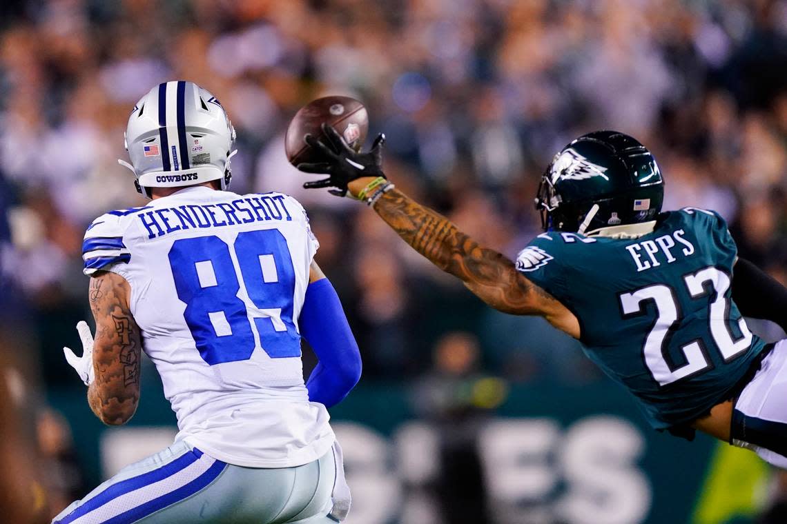 Philadelphia Eagles’ Marcus Epps blocks a pass intended for Dallas Cowboys’ Peyton Hendershot during the first half of an NFL football game Sunday, Oct. 16, 2022, in Philadelphia.
