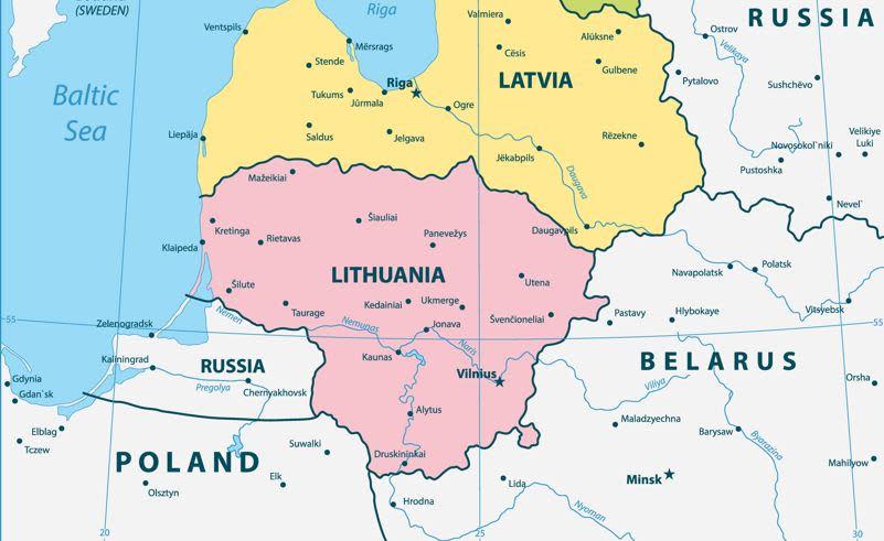 A map shows Russia's Kaliningrad Oblast, lower left, sandwiched between NATO and EU nations Poland and Lithuania. / Credit: Getty/iStockphoto