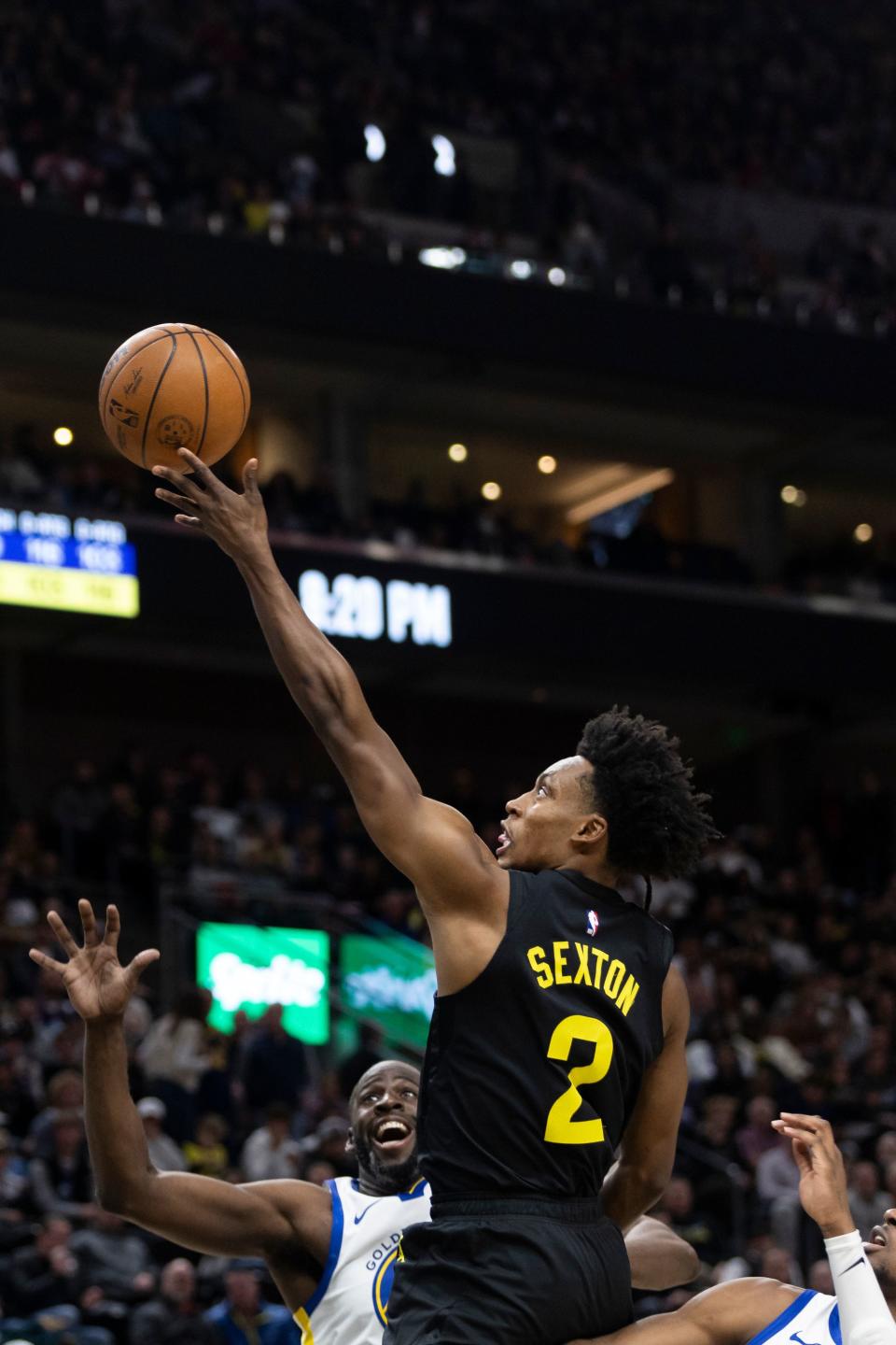 Utah Jazz guard Collin Sexton (2) shoots the ball during a game against the Golden State Warriors at the Delta Center in Salt Lake City on Monday, Feb. 12, 2024. | Marielle Scott, Deseret News