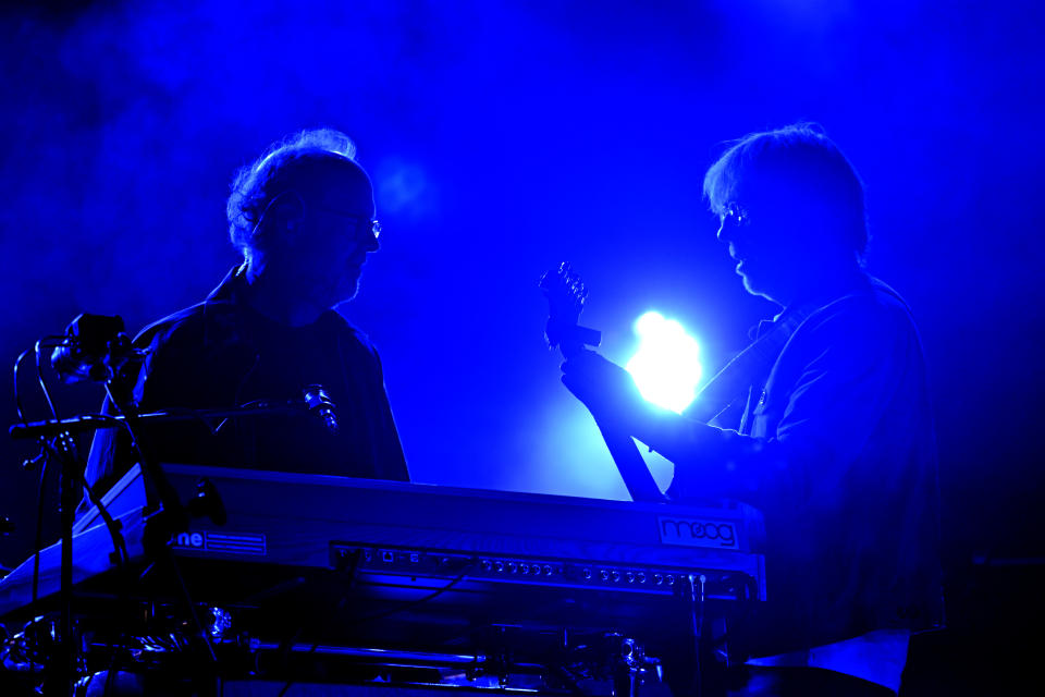 Keyboardist Page McConnell, left, and Trey Anastasio, guitarist and singer-songwriter of the band Phish, rehearse before the group's four-night engagement at the Sphere on Tuesday, April 16, 2024, in Las Vegas. (AP Photo/David Becker)