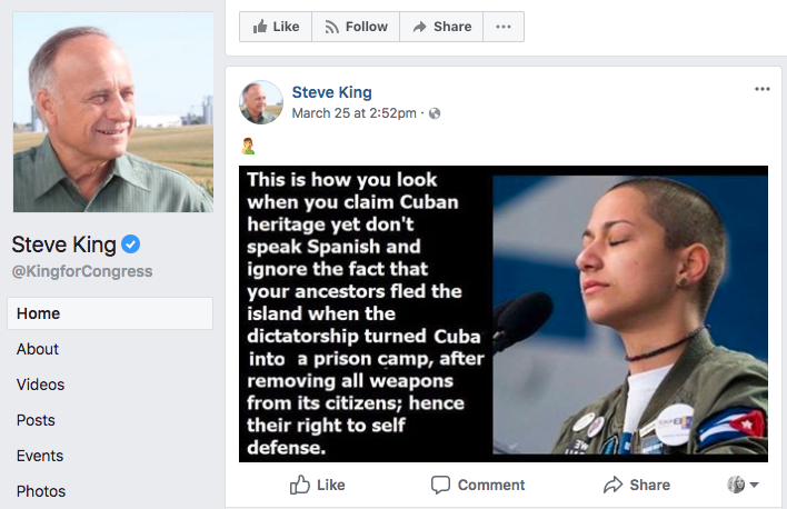 Rep. Steve King attacks Parkland survivor for claiming her Cuban heritage.