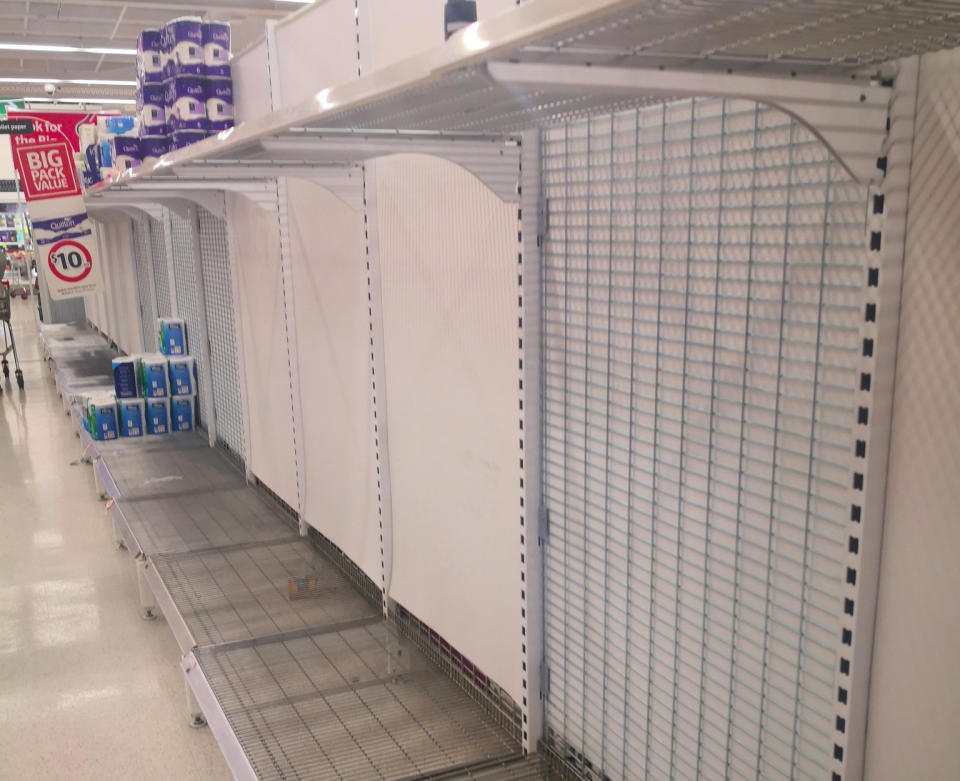 An empty toilet paper shelf at a Coles store in Warradale, South Australia. 