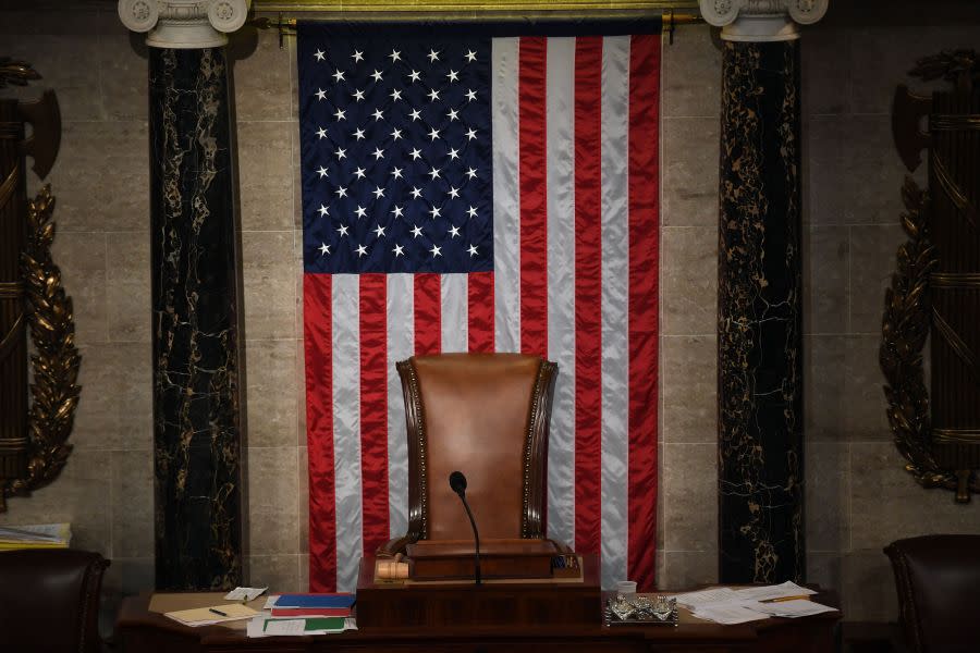 The seat of the US House Speaker pictured on January 4, 2023. (Photo by OLIVIER DOULIERY / AFP) (Photo by OLIVIER DOULIERY/AFP via Getty Images)