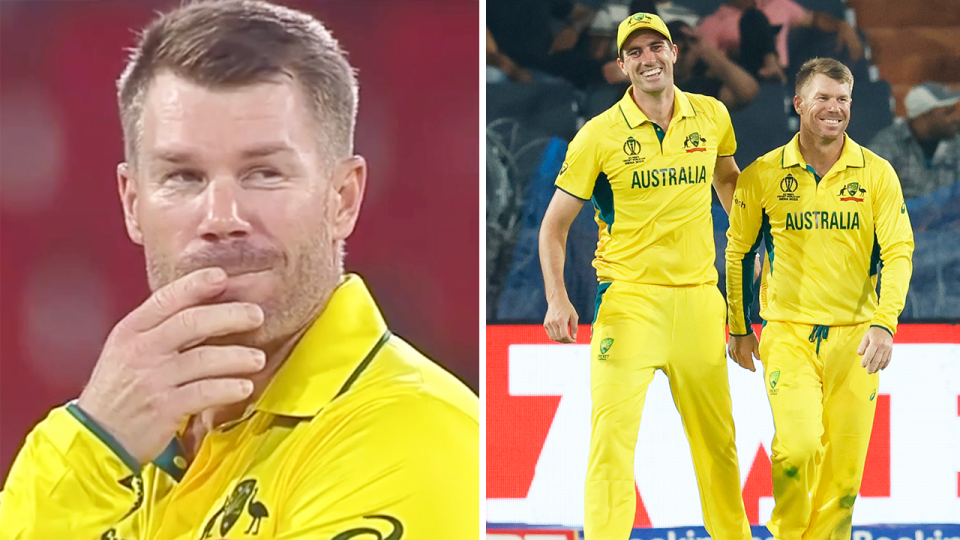 David Warner reacts and Warner smiles.