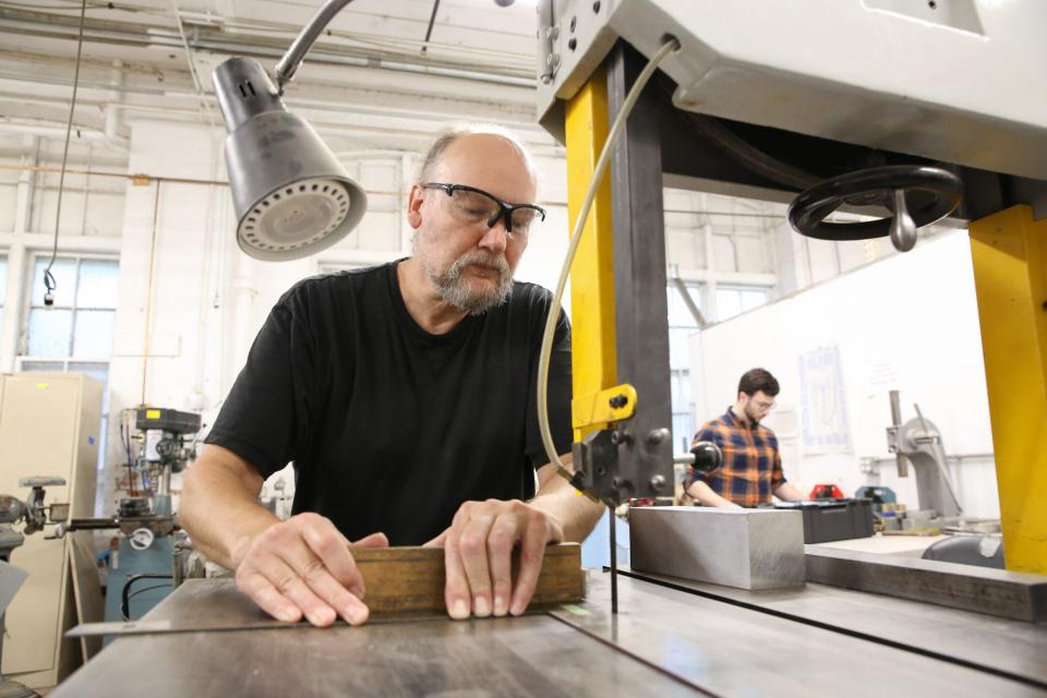 Co-founder David Kent concentrates on a project at the Framingham MakerSpace, Aug. 10, 2022.