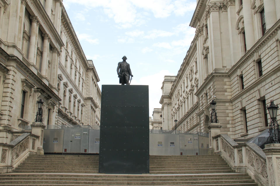 The Statue Robert Clive is boarded up following vandalism from previous demonstration in the City. Clive, the 1st Baron Clive better know as Clive of India, who established British rule in India stands outside the Foreign Office. Clive was first Governor of Bengal Presidency under the East India Company. Authorities boarded monuments and statues in London most due to their past linkage to slavery in anticipation of possible vandalism with far-right organisations and Black Lives Matter demonstration scheduled for this weekend. (Photo by David Mbiyu / SOPA Images/Sipa USA)