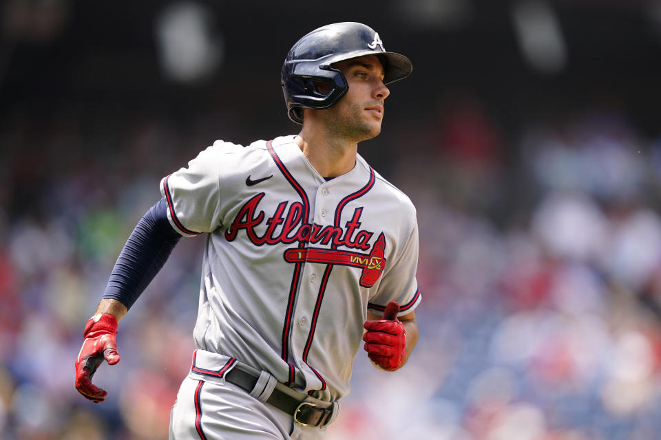 Atlanta Braves' Matt Olson rounds the bases after hitting a two-run home run against Philadelphia Phillies pitcher Kyle Gibson during the sixth inning of a baseball game, Wednesday, July 27, 2022, in Philadelphia. (AP Photo/Matt Slocum)