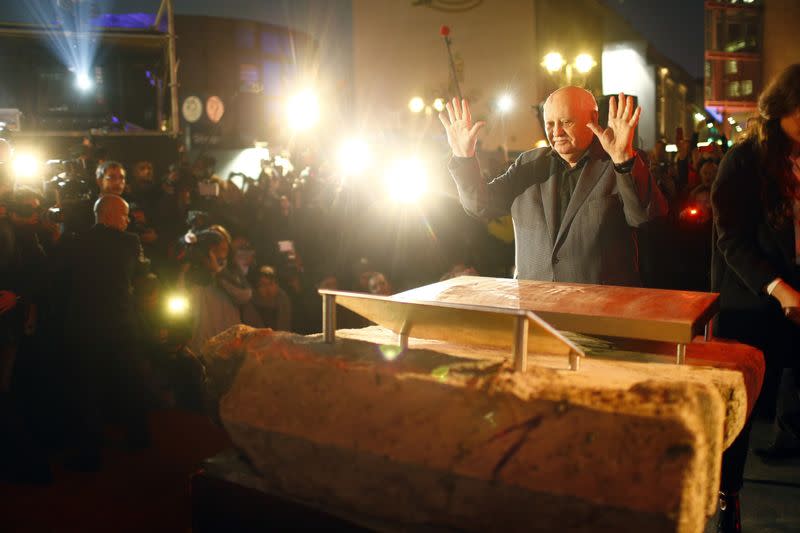 Former Soviet President Gorbachev visits the former Berlin Wall border crossing point Checkpoint Charlie in Berlin