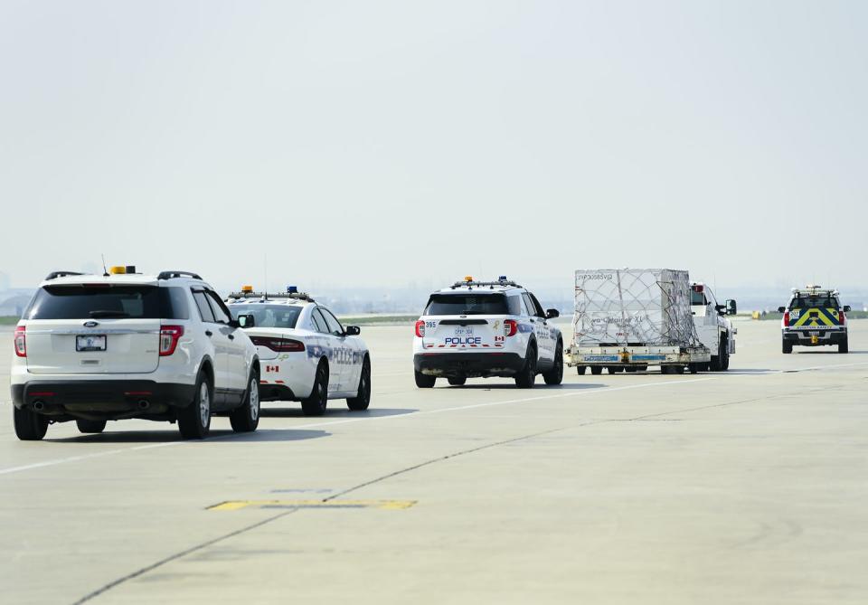 A motorcade of police cars and a truck.