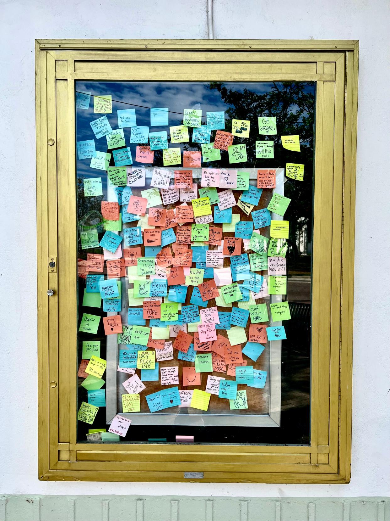 The space where there used to be movie posters in front of the San Marco Theatre now is full of messages from patrons of the historic movie theater, which opened in 1938 and closed after showings on Dec. 31, 2022.