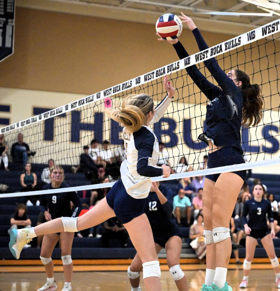 Dwyer’s Mila Micunovic slams the ball during the Panthers’ district finals match against West Boca on Oct. 19, 2023.