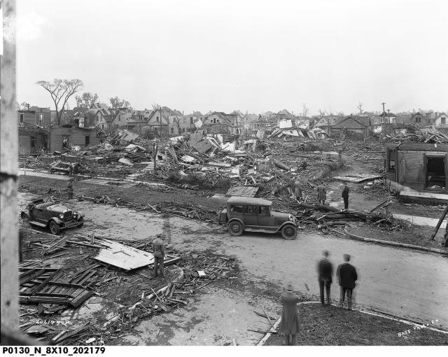 This 1927 is a view of the tornado damage on the near east side. The photo is from the Bass Photo Co Collection,
Indiana Historical Society.
