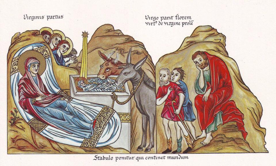 Nativity of Christ, medieval illustration from the Hortus deliciarum of Herrad of Landsberg (12th century).