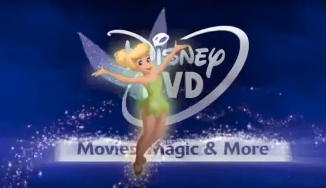 Tinker Bell floats in front of the Disney DVD logo