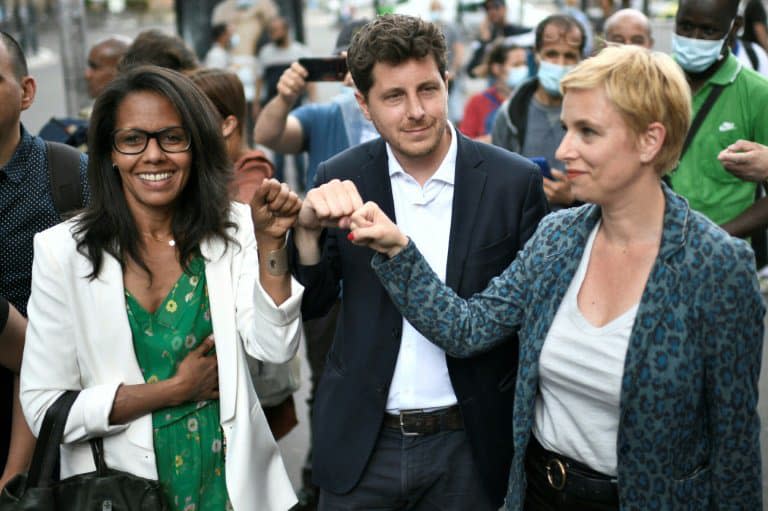 Audrey Pulvar, Julien Bayou et Clémentine Autain à Aubervilliers le 21 juin 2021 pour expliquer leur accord d'union - STEPHANE DE SAKUTIN © 2019 AFP