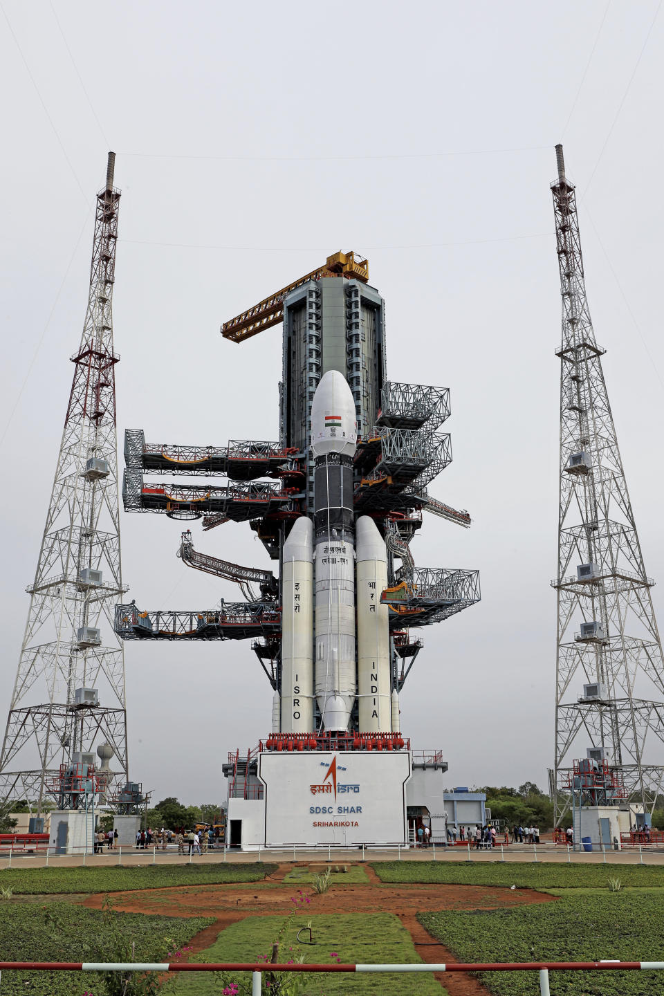 This July 2019, photo released by the Indian Space Research Organization (ISRO) shows its Geosynchronous Satellite Launch Vehicle (GSLV) MkIII-M1 being prepared for its July 15 launch in Sriharikota, an island off India's south-eastern coast. India is looking to take a giant leap in its space program and solidify its place among the world’s spacefaring nations with its second unmanned mission to the moon, this one aimed at landing a rover near the unexplored south pole. (Indian Space Research Organization via AP)