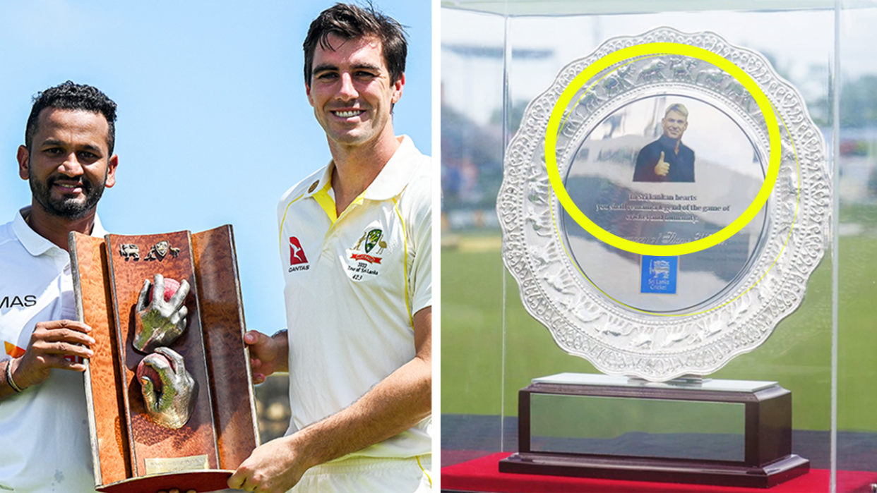 A cricket memorial for the late Shane Warne (pictured right) and Sri Lanka's captain Dimuth Karunaratne and Pat Cummins (pictured left) pose with the Warne-Muralitharan trophy.