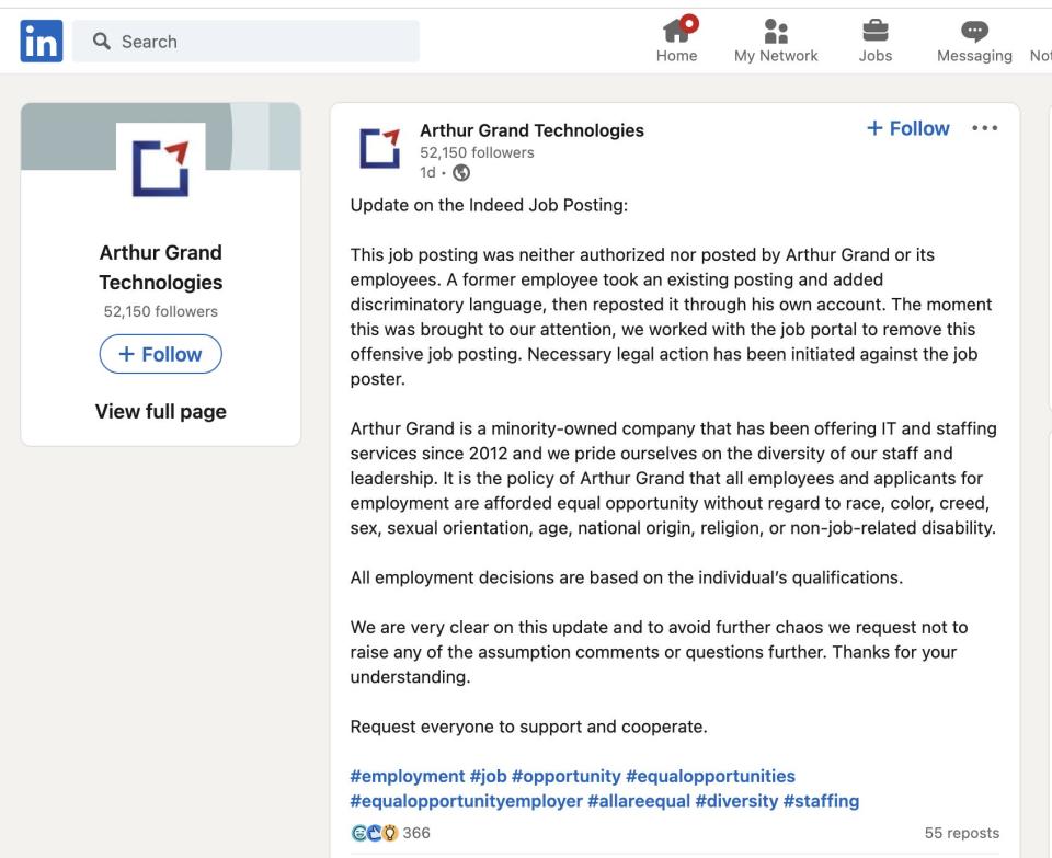 apology from Arthur Grand Technologies for its job post specifying it was only seeking white candidates