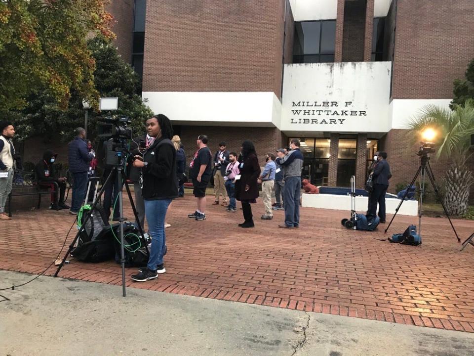 Press gathering on the campus of South Carolina State University ahead of President Joe Biden's visit on Friday, December 17.